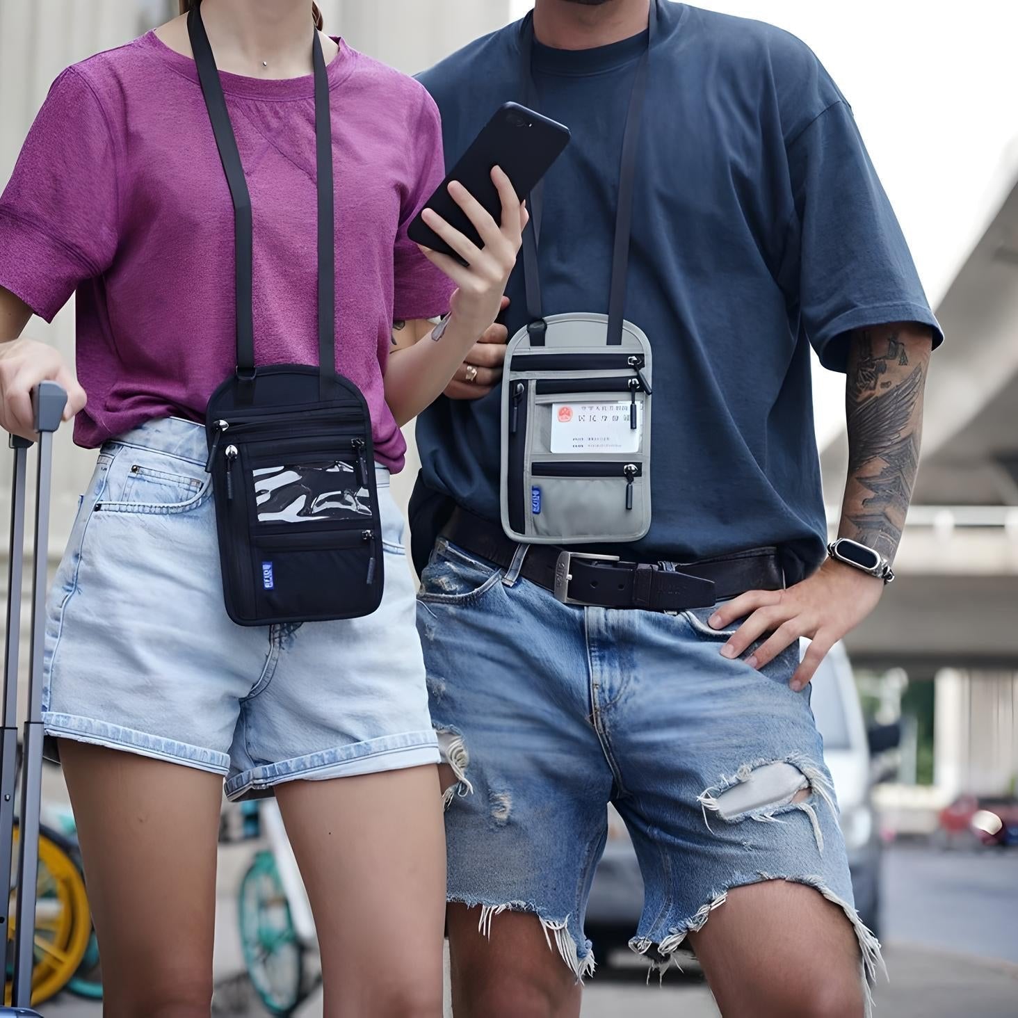 Due persone con marsupi a tracolla, uno nero e uno grigio, indossano abbigliamento casual. Accessori moda urbana, pratici per viaggi e città.