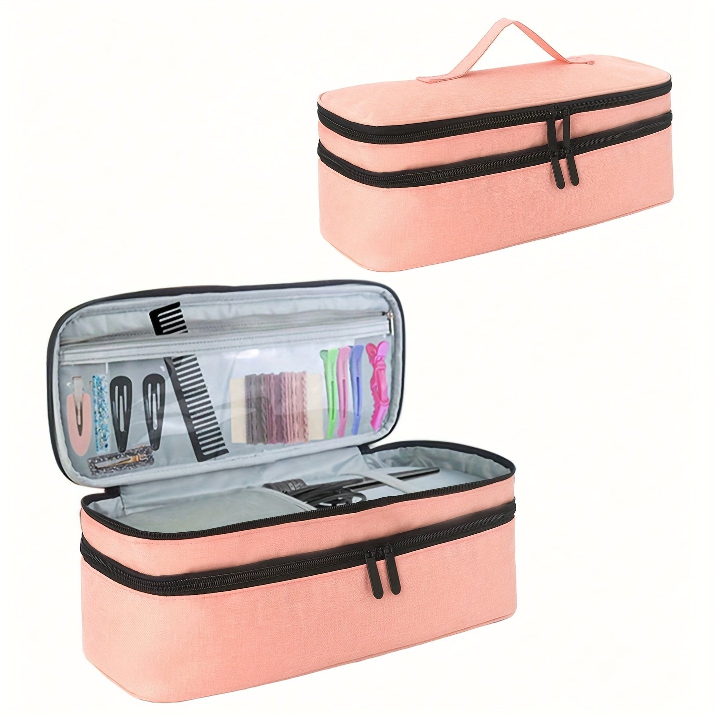Borsa organizer rosa per cosmetici e accessori, doppia cerniera, tasche interne trasparenti, ideale per viaggi e uso quotidiano.