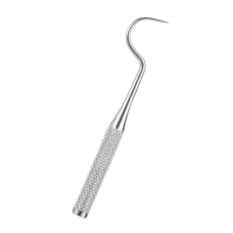 Sonda dentale in acciaio inossidabile, strumento odontoiatrico professionale per esami orali, impugnatura antiscivolo, punta curva.