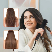 Donna che utilizza una piastra per capelli, mostrando risultati prima e dopo. Capelli lisci e lucenti, styling professionale a casa.