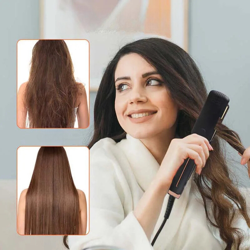 Donna che utilizza una piastra per capelli, mostrando risultati prima e dopo. Capelli lisci e lucenti, styling professionale a casa.
