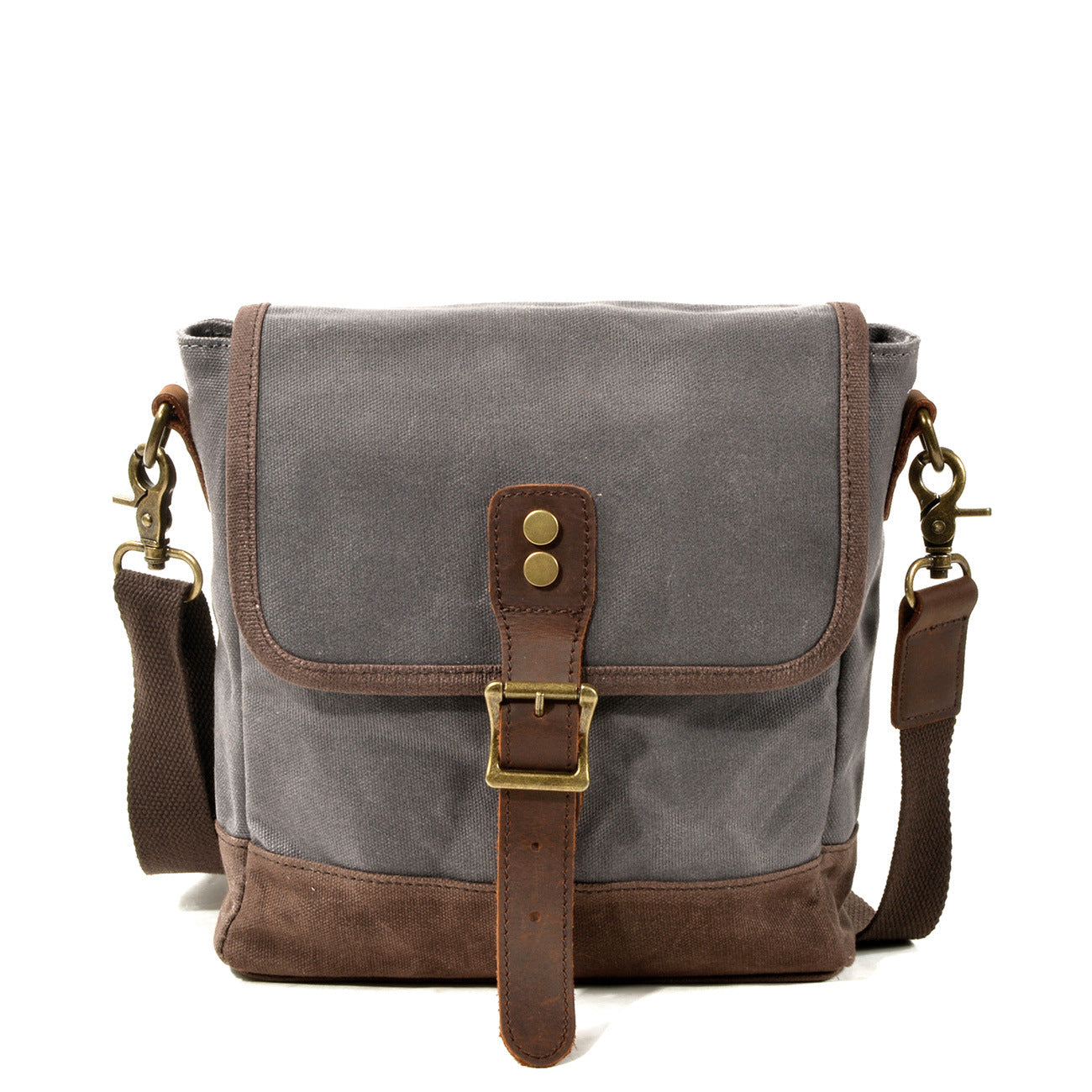 Borsa a tracolla in tela grigia e marrone con fibbia in metallo, tasca frontale e tracolla regolabile. Accessorio moda unisex, stile casual.