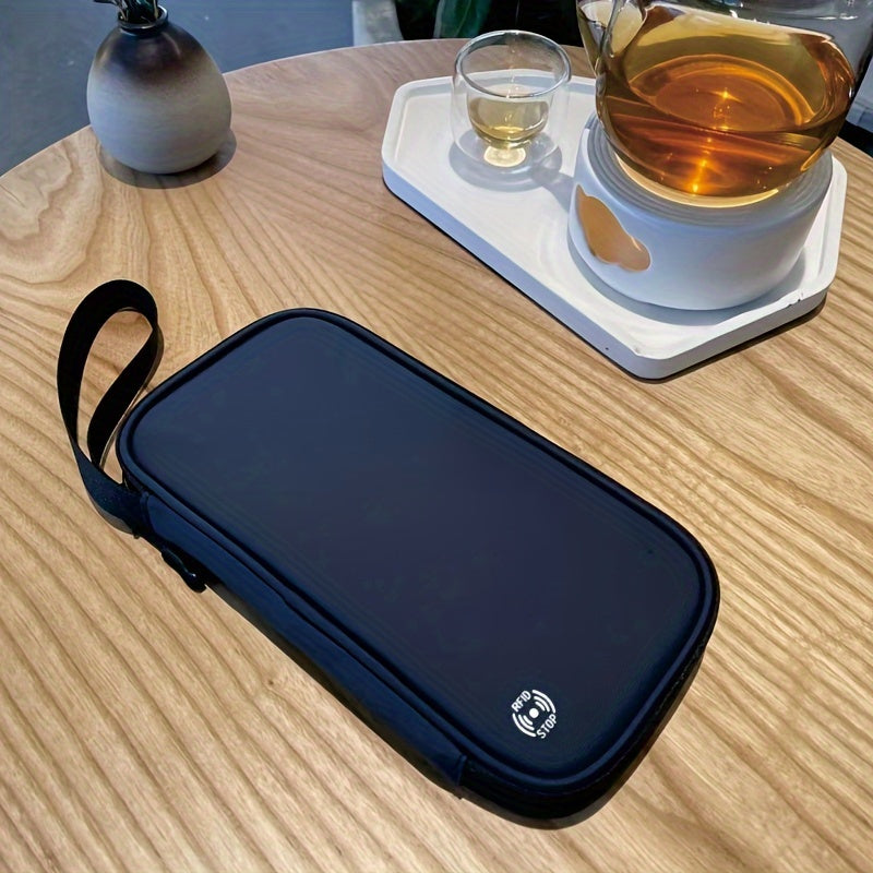 Custodia nera per dispositivi elettronici su tavolo in legno, accanto a teiera in vetro con tè. Design elegante, ideale per protezione e trasporto.