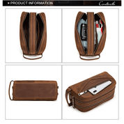 Borsello da viaggio in pelle marrone, doppia cerniera, scomparti multipli, ideale per accessori da toilette e oggetti personali. Design elegante e funzionale.