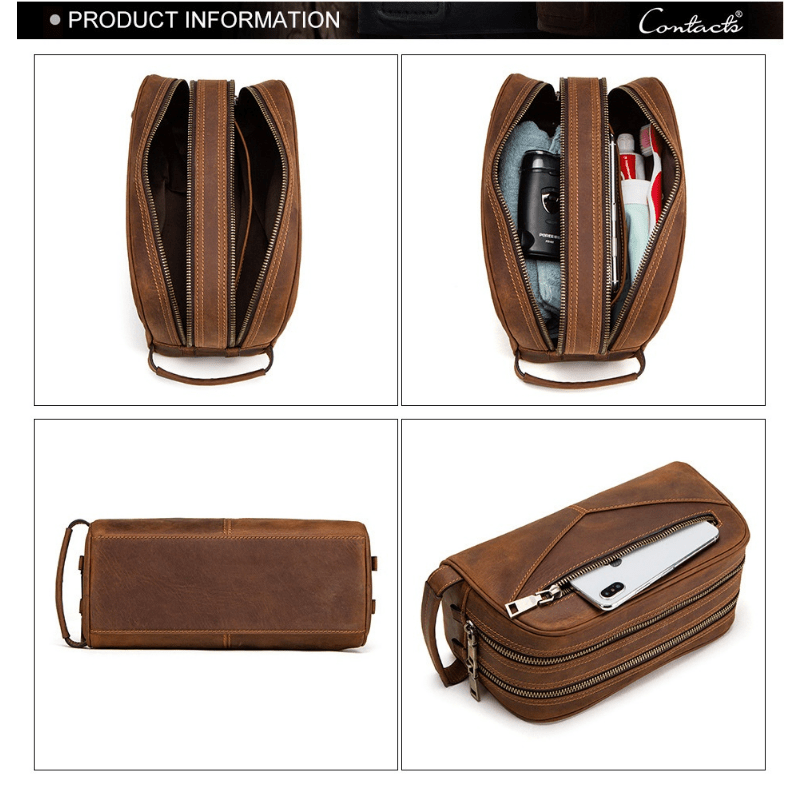 Borsello da viaggio in pelle marrone, doppia cerniera, scomparti multipli, ideale per accessori da toilette e oggetti personali. Design elegante e funzionale.