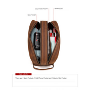 Borsa da viaggio in pelle marrone con due tasche principali, tasca per cellulare e slot interno. Ideale per organizzare accessori da bagno.