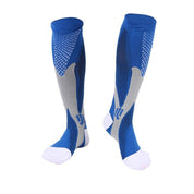 Calze a compressione blu e grigie, design ergonomico, tessuto traspirante, ideali per sport e corsa, supporto muscolare, taglia unica.