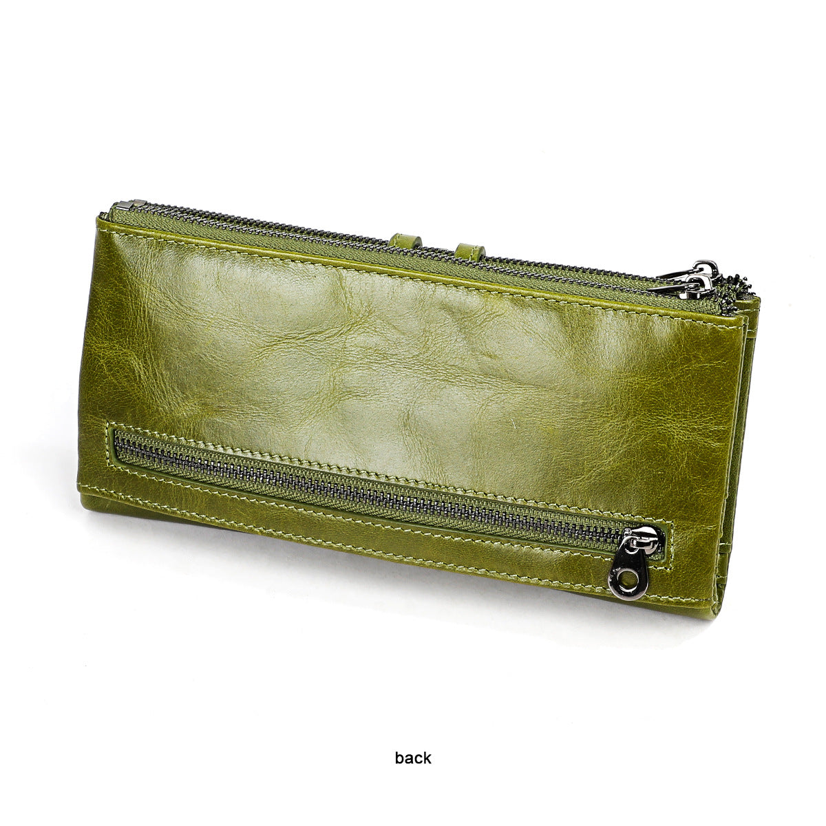 Portafoglio donna in pelle verde oliva con cerniera, design elegante e compatto, ideale per moda e accessori femminili.