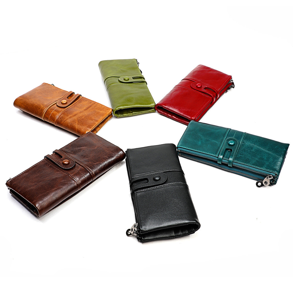 Set di portafogli in pelle multicolore: marrone, verde, rosso, blu, nero. Design elegante con chiusura a bottone, ideale per moda e accessori.