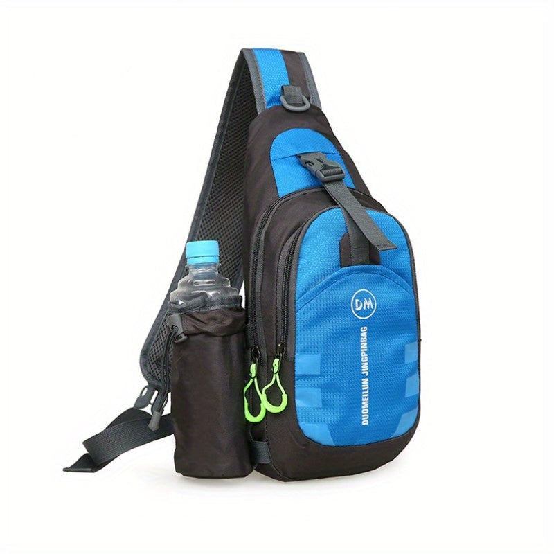 Zaino monospalla sportivo blu e nero con portaborraccia, ideale per escursioni e ciclismo. Design ergonomico, tasche multiple, resistente all'acqua.
