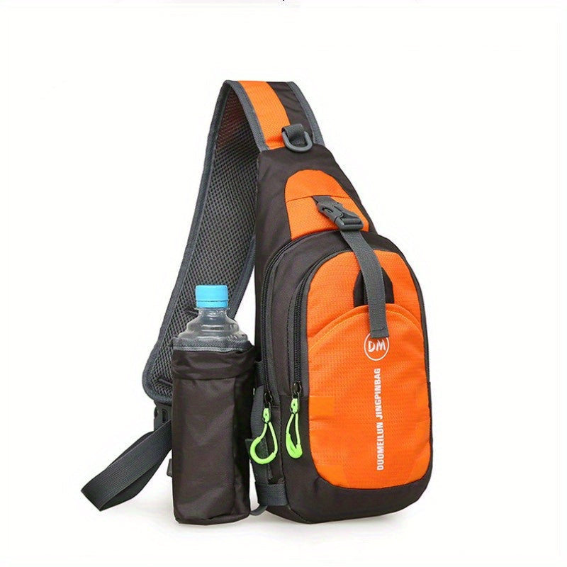 Zaino monospalla sportivo arancione e nero con portaborraccia, tasche multiple, ideale per escursioni e attività all'aperto.