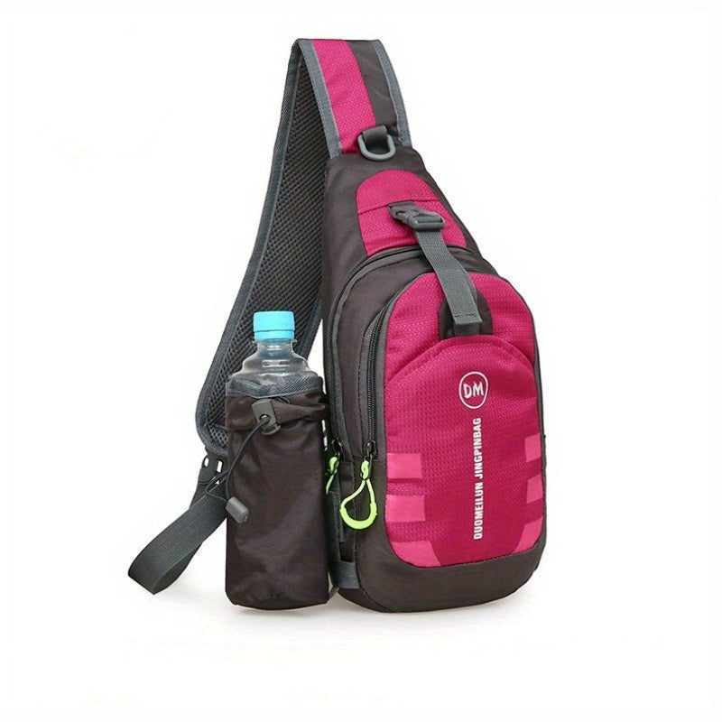 Zaino monospalla sportivo nero e rosso con tasca portabottiglia, ideale per escursioni e attività all'aperto. Design compatto e funzionale.