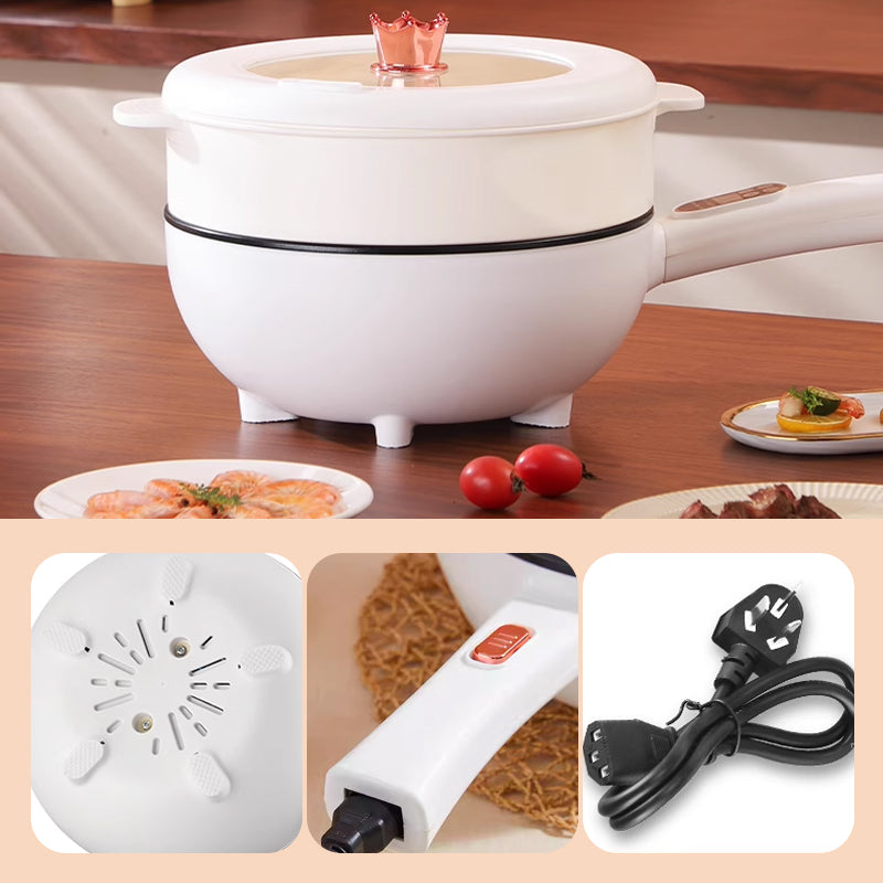 Pentola elettrica bianca multifunzione con coperchio trasparente, manico ergonomico, base antiscivolo e cavo di alimentazione. Ideale per cucinare.