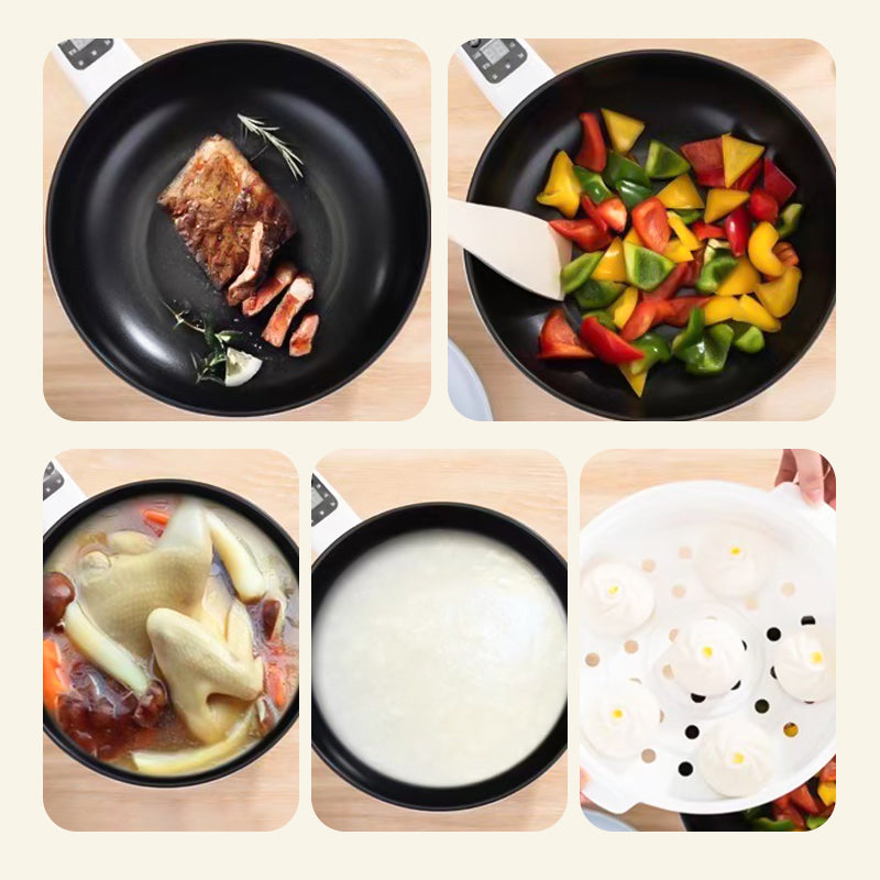 Cinque padelle antiaderenti con cibi: bistecca, verdure, zuppa, porridge, coperchio per cottura a vapore. Ideali per cucina versatile e sana.