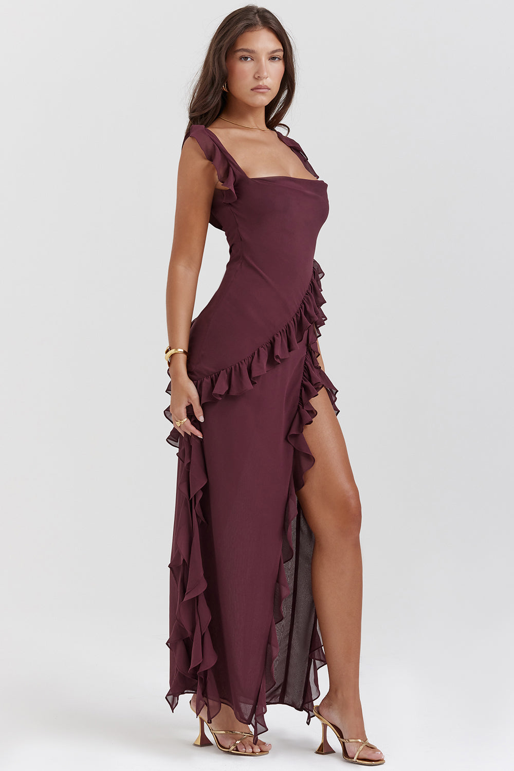 Elegantissimo Vestito Lungo Giorgia con Volant e Sottile Apertura