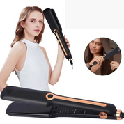 Piastra per capelli nera con dettagli dorati, design ergonomico, ideale per lisciare e modellare. Donna che utilizza la piastra. Adatta a tutti i tipi di capelli.