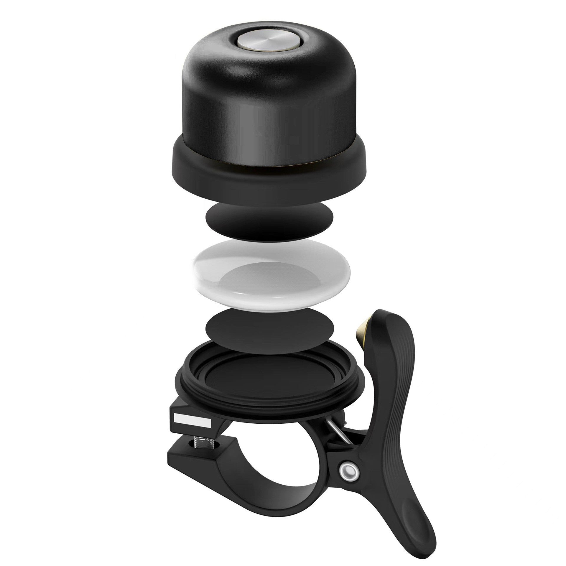 Campanello bici nero esploso, design compatto, componenti interni visibili, montaggio manubrio, accessorio ciclismo essenziale, alta qualità.