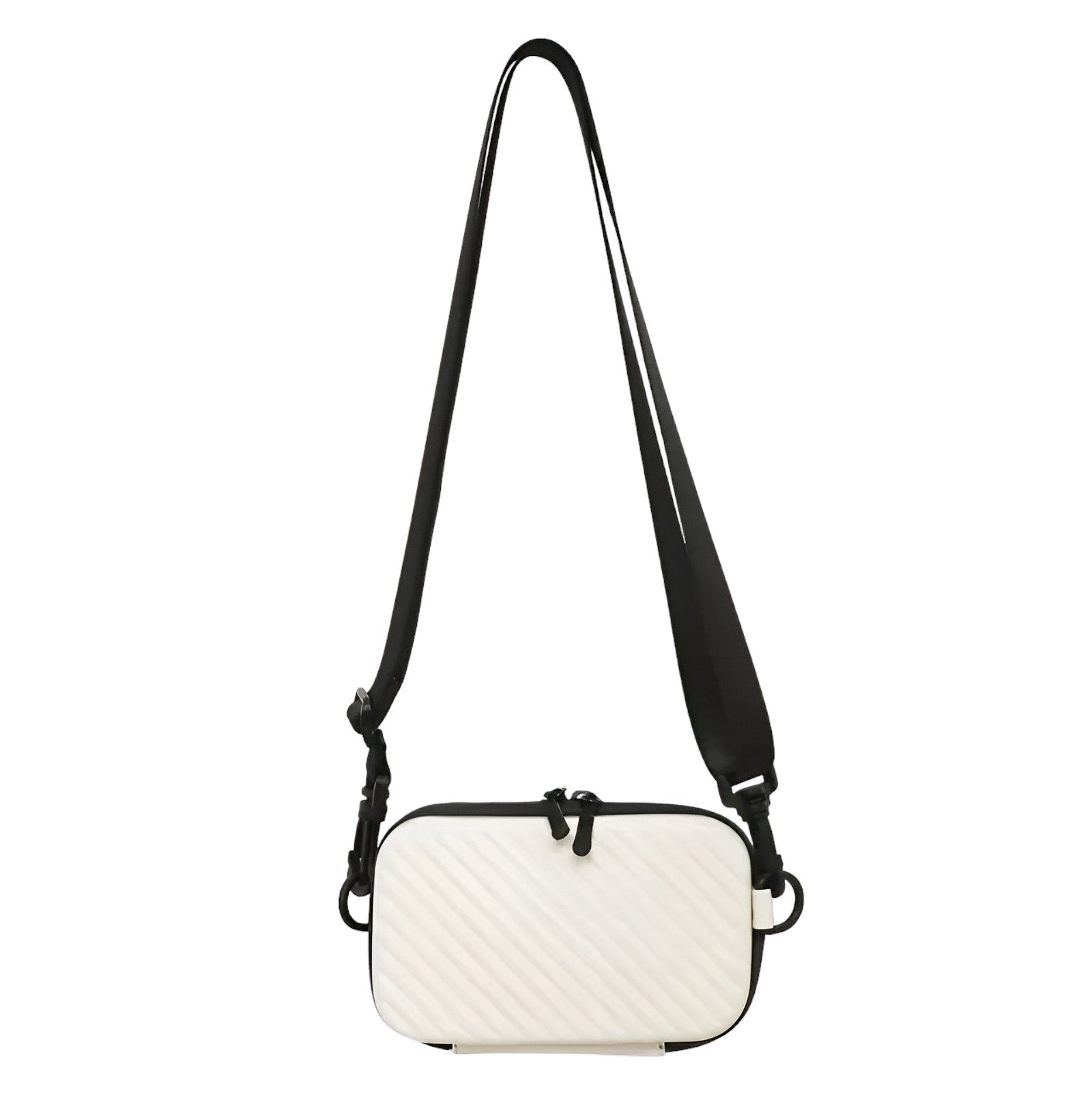 Tracolla bianca e nera, design moderno, borsa a spalla unisex, tessuto resistente, accessorio moda, ideale per uso quotidiano e viaggi.