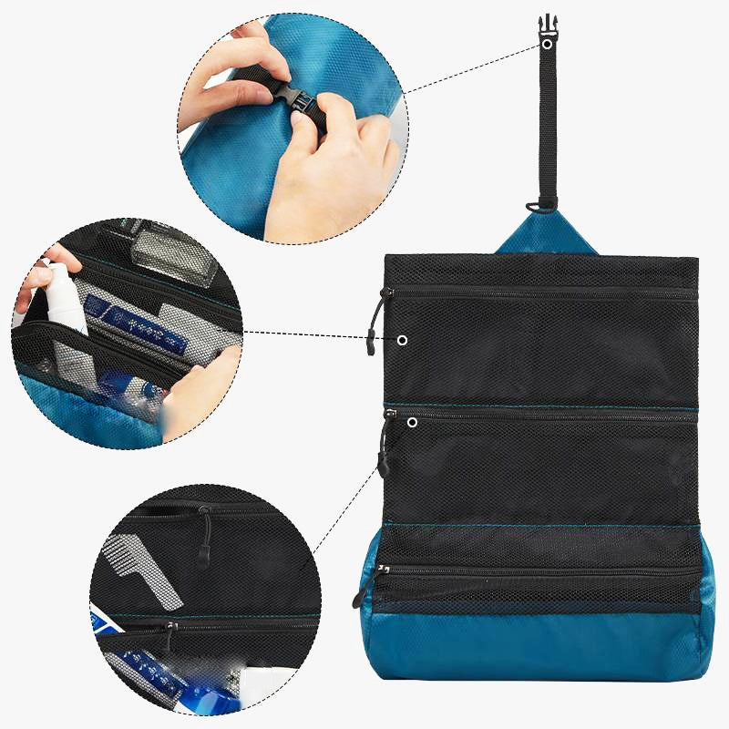 Organizer da viaggio sospeso blu con tasche multiple, chiusura a zip, ideale per articoli da toeletta. Design compatto e pratico per viaggi.