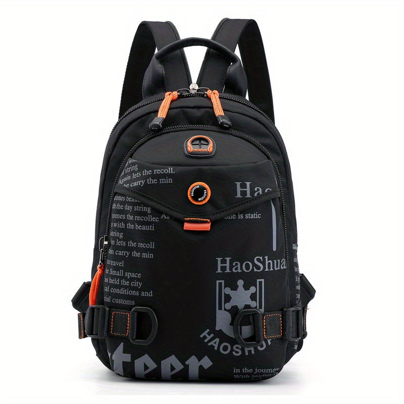 Zaino nero con scritte bianche, tasche multiple, cerniere arancioni, design moderno. Ideale per scuola, viaggio, lavoro. Accessorio unisex.