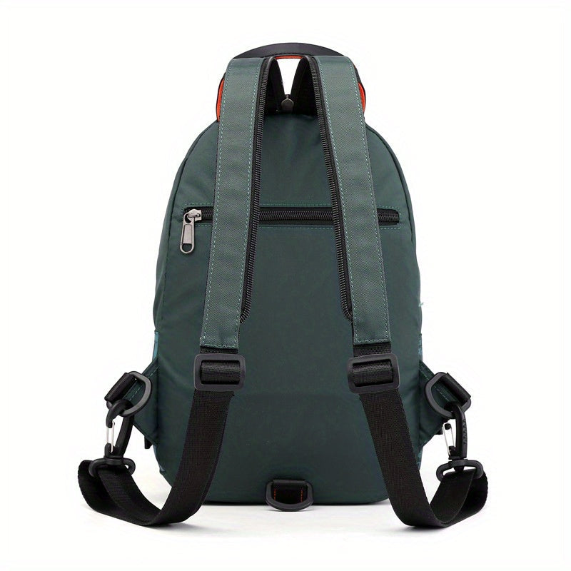 Zaino monospalla verde scuro, design moderno, con cerniere e spallacci regolabili. Ideale per viaggi, escursioni e uso quotidiano.
