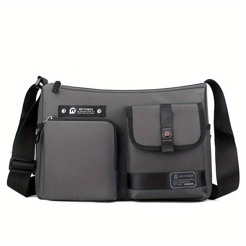 Borsa a tracolla grigia impermeabile con tasche multiple, design moderno, ideale per uomo e donna, perfetta per viaggi e uso quotidiano.