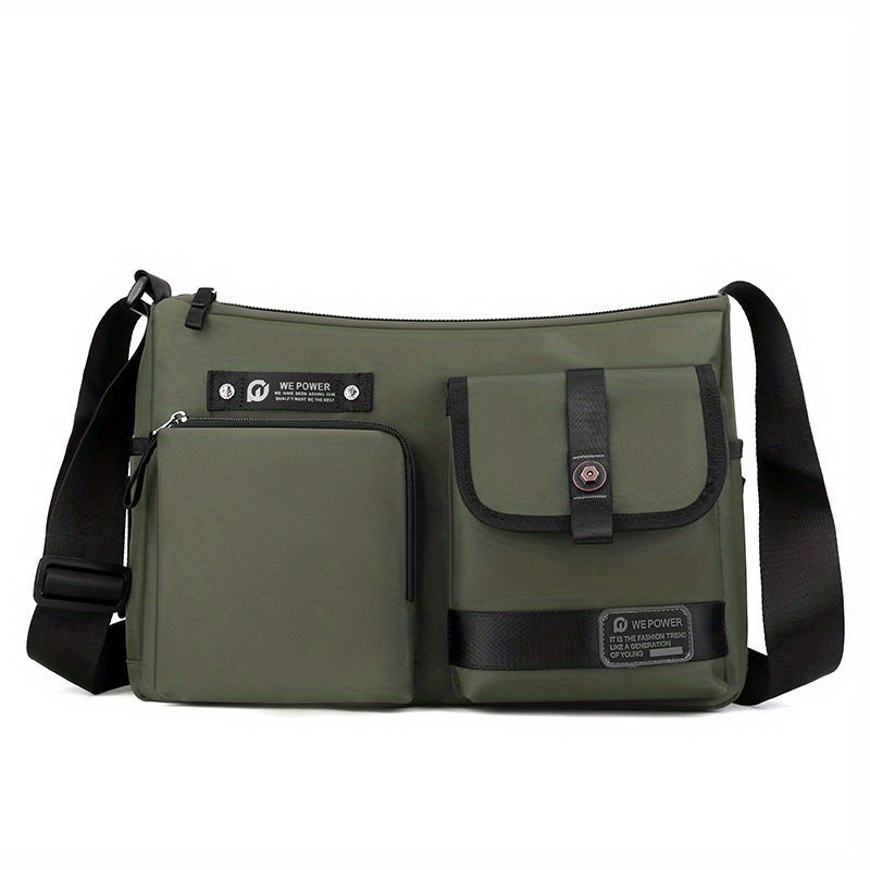 Borsa a tracolla verde militare con tasche multiple, chiusura a zip e fibbia, design unisex, ideale per viaggi e uso quotidiano.