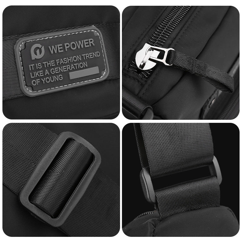 Zaino nero con dettagli in metallo, cerniera robusta e fibbie regolabili. Design moderno, ideale per giovani. Tessuto resistente e alla moda.