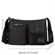 Borsa a tracolla nera unisex, multifunzionale, con tasche frontali, chiusura a zip, dimensioni 40x26x16 cm, ideale per viaggio e lavoro.