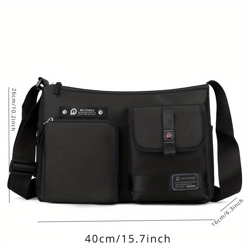 Borsa a tracolla nera unisex, multifunzionale, con tasche frontali, chiusura a zip, dimensioni 40x26x16 cm, ideale per viaggio e lavoro.