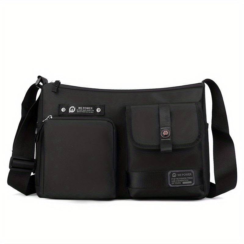 Borsa a tracolla nera unisex, design moderno con tasche multiple, chiusura zip, ideale per viaggio e uso quotidiano. Materiale resistente e leggero.