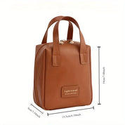 Borsa da viaggio marrone in pelle PU, compatta, con manici, dimensioni 15,5x10x9 cm, ideale per cosmetici e accessori. Design elegante e pratico.
