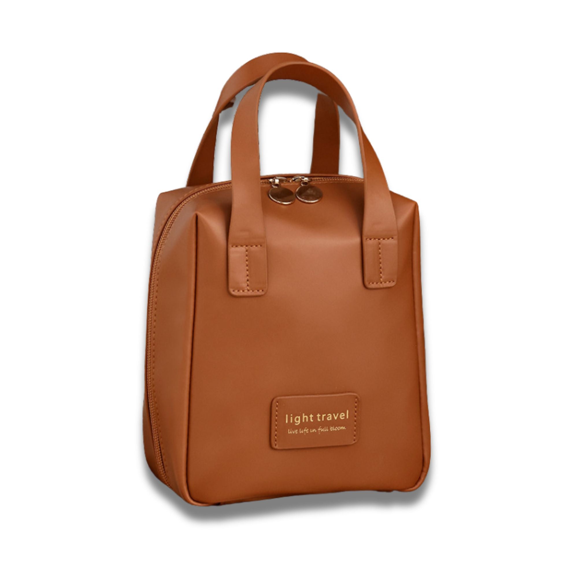 Borsa a mano in pelle marrone, design compatto, doppio manico, chiusura a zip, ideale per viaggi e uso quotidiano. Elegante e funzionale.