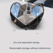 Borsa da viaggio impermeabile con design a separazione asciutto-bagnato, scomparti multipli, ideale per organizzare articoli da toeletta e cosmetici.