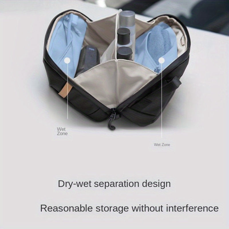 Borsa da viaggio impermeabile con design a separazione asciutto-bagnato, scomparti multipli, ideale per organizzare articoli da toeletta e cosmetici.