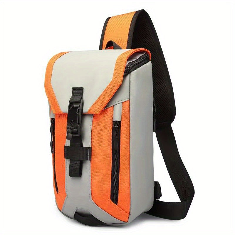 Zaino monospalla arancione e grigio, design moderno, con chiusura a fibbia e tasche multiple. Ideale per escursioni e uso quotidiano.
