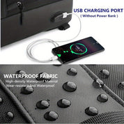 Zaino con porta USB per ricarica, tessuto impermeabile ad alta densità, resistente all'usura, smartphone in carica, design moderno e funzionale.