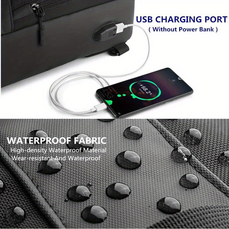 Zaino con porta USB per ricarica, tessuto impermeabile ad alta densità, resistente all'usura, smartphone in carica, design moderno e funzionale.
