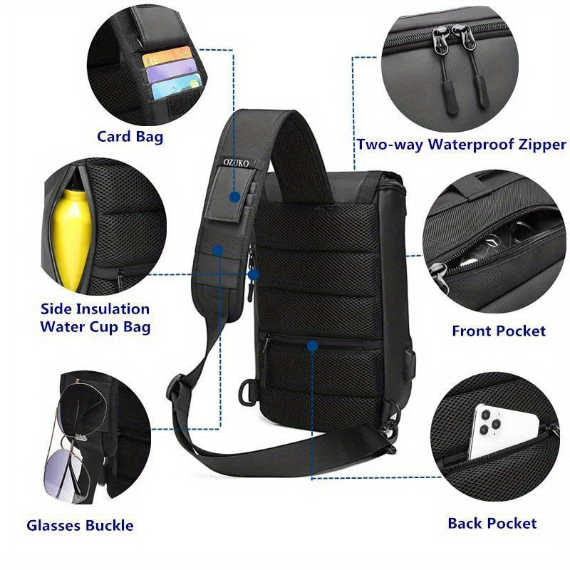 Zaino a tracolla nero multifunzione con tasche impermeabili, scomparto per carte, portabottiglie isolato, tasca frontale e posteriore, fibbia per occhiali.