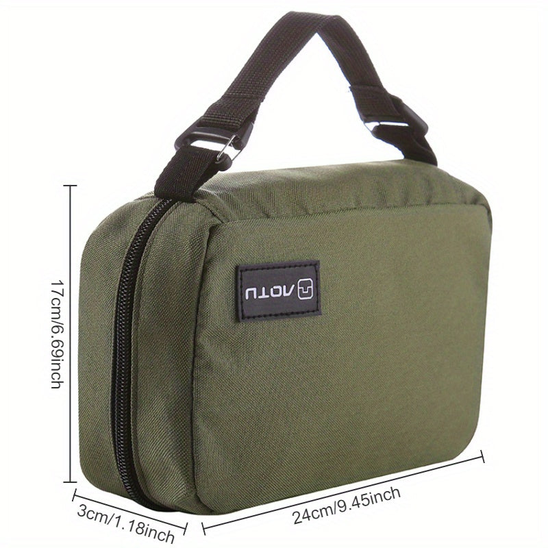 Borsa organizer verde militare con manico nero, dimensioni 24x17x3 cm, ideale per viaggio, resistente e compatta, perfetta per accessori elettronici.