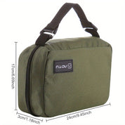 Borsa organizer verde militare con manico nero, dimensioni 24x17x3 cm, ideale per viaggio, resistente e compatta, perfetta per accessori elettronici.