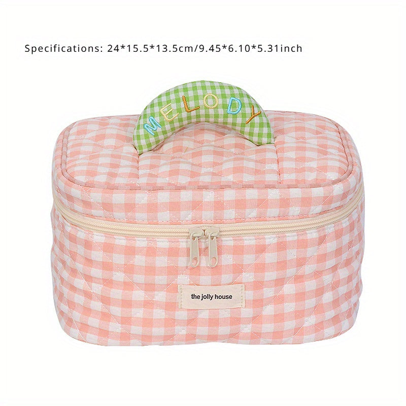 Borsa termica rosa a quadretti con manico imbottito "Melody", chiusura a zip, ideale per picnic e pranzo al sacco. Dimensioni: 24x15.5x13.5 cm.