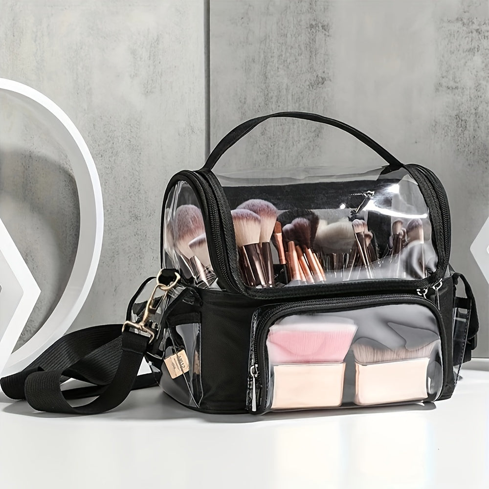 Borsa trasparente per trucco con pennelli e accessori, design elegante, tracolla regolabile, ideale per organizzare cosmetici e strumenti di bellezza.