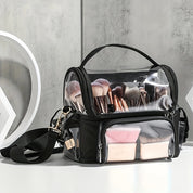 Borsa trasparente per trucco con pennelli e accessori, design elegante, tracolla regolabile, ideale per organizzare cosmetici e strumenti di bellezza.