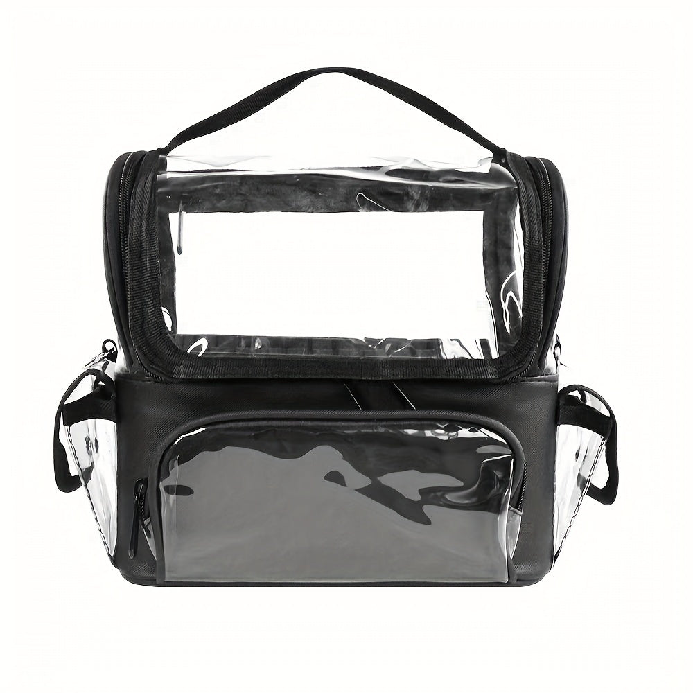 Borsa trasparente in PVC con manico nero, tasche laterali e frontali. Ideale per viaggi, eventi, sicurezza. Design moderno e pratico.