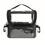 Borsa trasparente in PVC con manico nero, tasche laterali e frontali. Ideale per viaggi, eventi, sicurezza. Design moderno e pratico.