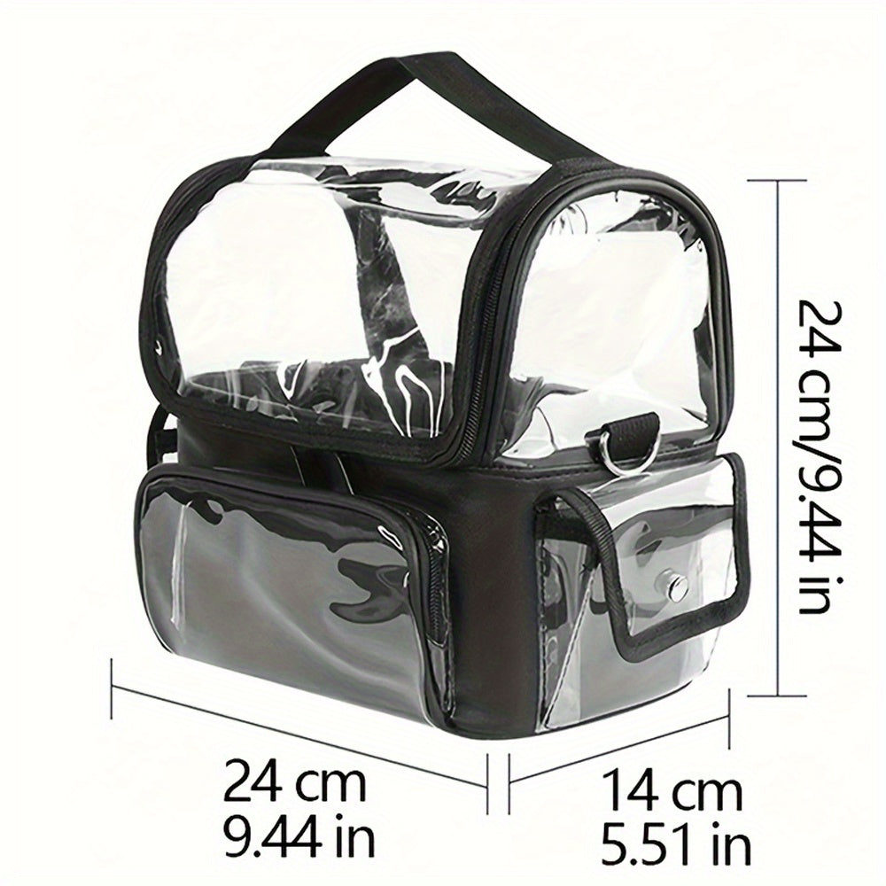 Borsa trasparente in PVC con manico nero, dimensioni 24x14x24 cm, ideale per viaggi, eventi, conforme alle normative di sicurezza aeroportuali.