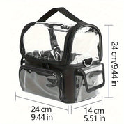 Borsa trasparente in PVC con manico nero, dimensioni 24x14x24 cm, ideale per viaggi, eventi, conforme alle normative di sicurezza aeroportuali.