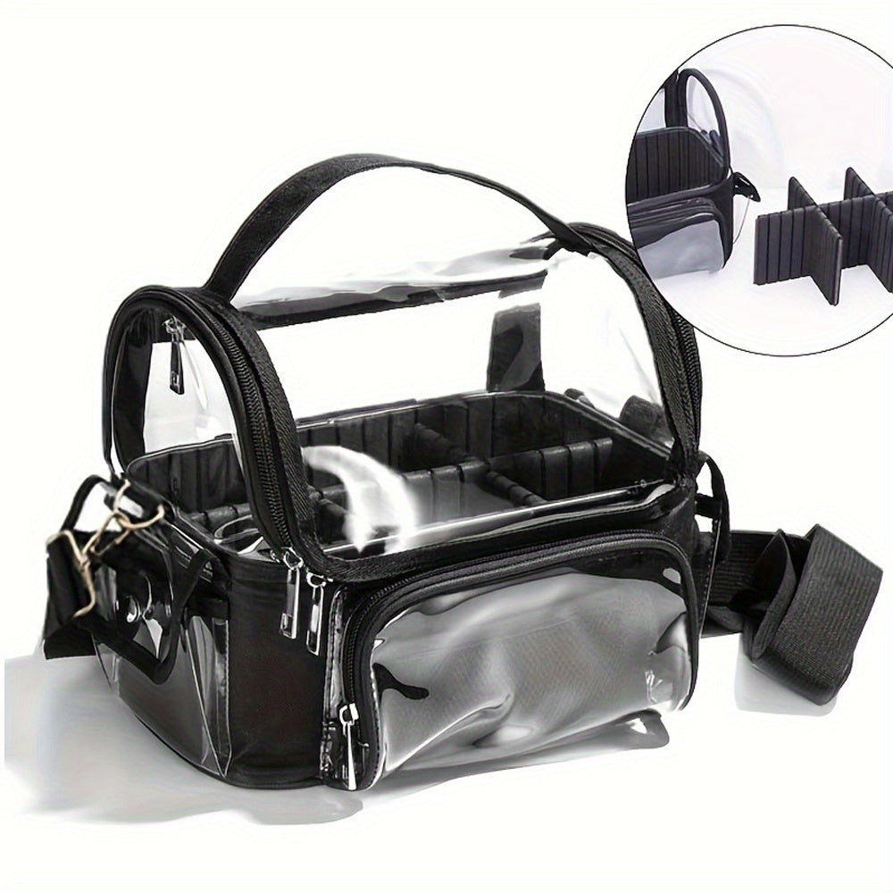 Borsa trasparente in PVC con tracolla regolabile, scomparti interni rimovibili, ideale per viaggi e eventi. Design pratico e resistente.