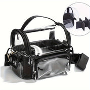 Borsa trasparente in PVC con tracolla regolabile, scomparti interni rimovibili, ideale per viaggi e eventi. Design pratico e resistente.